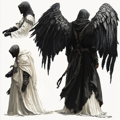 Dark angel character concept design showcasing detailed wings and contrasting attire in a mystical setting  set character art . AI generated