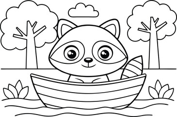 Cute Raccoon in Boat River, Outline Art for Coloring Pages or Book