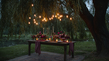 Romantic outdoor dinner setup with flowers and candles under a willow tree with glowing string lights.