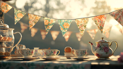 Tea party set on a table with floral arrangements, under a string of decorative flags.
