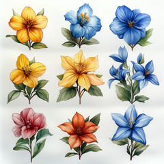 Obraz premium Vibrant collection of hand-drawn flowers showcasing various colors and styles arranged in a grid pattern stickers, art, flowers, background, wallpaper, AI generated