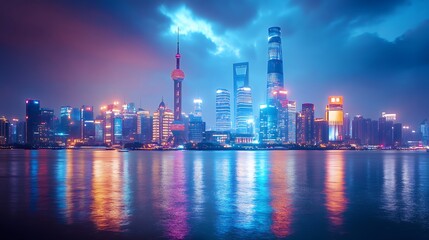 Fototapeta premium Vibrant Night City Skyline Reflecting In Water