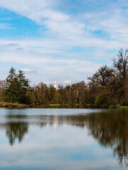 Fototapeta na wymiar Zamecky rybnik pond with Minaret building on the background in Lednicko-valticky areal in Czech republic