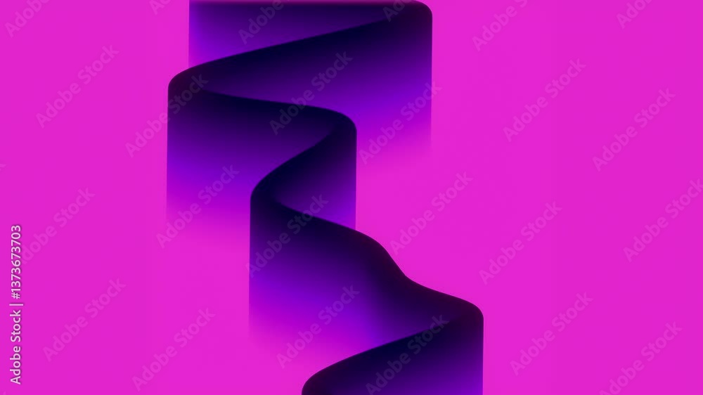 Poster Abstract digital seamless loop animation with dark purple flowing ribbon, curved undulating shape on pink background. Color palette with purple gradient. 3d rendering 4K