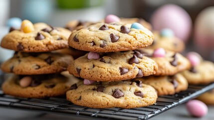 Warm, gooey chocolate chip cookies piled high on a wire rack. A sweet, comforting treat with a hint of springtime charm