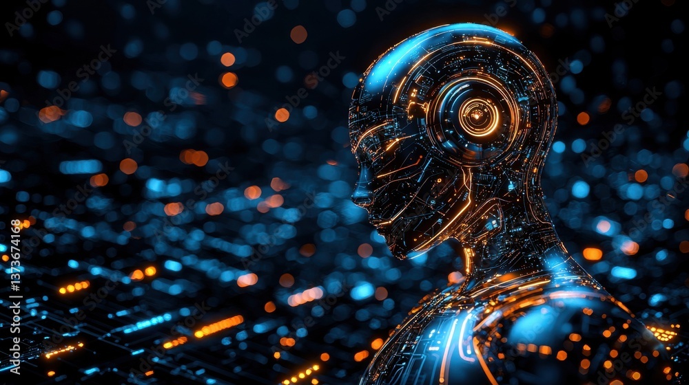 Poster advanced robot with glowing head representing the future of human resources systems and artificial i