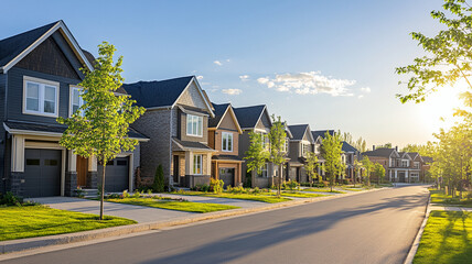 Naklejka premium row of modern suburban homes in peaceful neighborhood at sunset