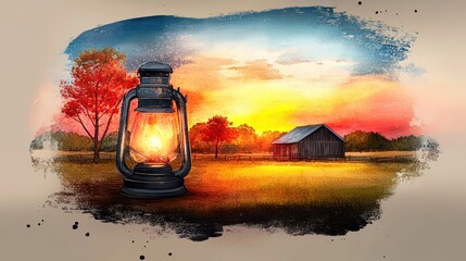 Vintage 1930s Barn Lantern in Historical Setting with Soft Lighting and Sepia Oil Painting Aesthetic
