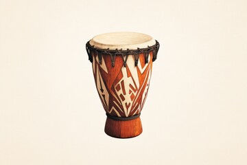 South African djembe drum with intricate hand carved tribal designs and warm earthen backdrop