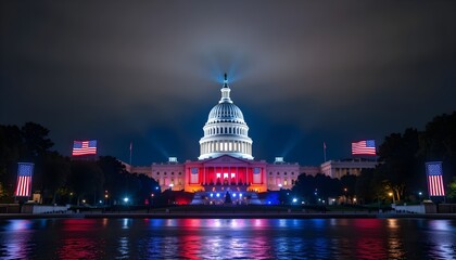 Fototapeta premium The united states capitol building illuminated at night with american flags and water reflection