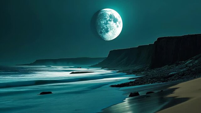 Majestic full moon rises over tranquil ocean waves at a rocky coastline during nighttime