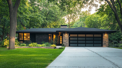 Modern home with large windows in wooded suburban area