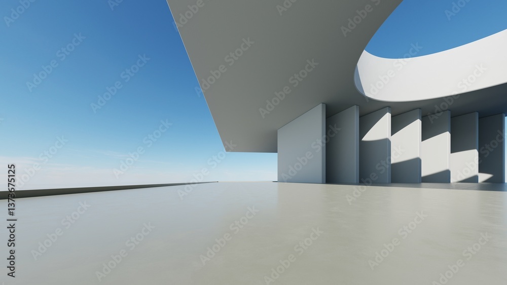 Poster 3d render of abstract modern curve architecture with empty cement floor, minimal exterior, car prese