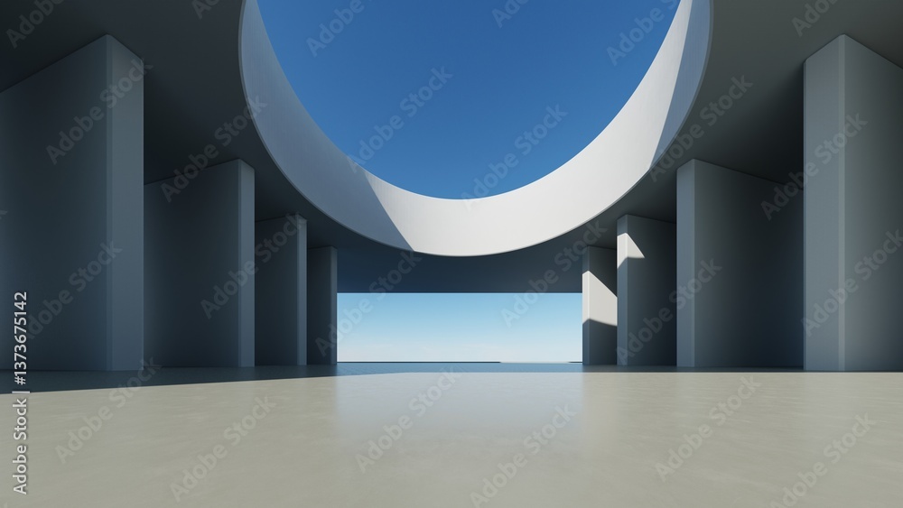 Poster 3d render of abstract modern curve architecture with empty cement floor, minimal exterior, car presentation background
