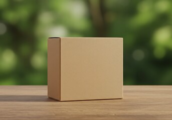 Tan Box Mockup on Wooden Table with Green Bokeh Background Scene