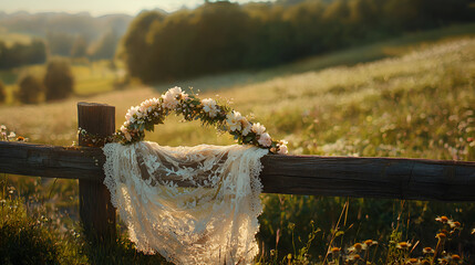 Rustic charm: A floral crown and lace adorn a wooden fence in a sunlit field. Serene countryside scene.