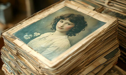 Vintage girl portrait on aged paper stack