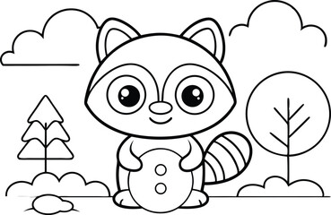 Cute Raccoon Holding Button In Forest Outline Style with Transparent Background