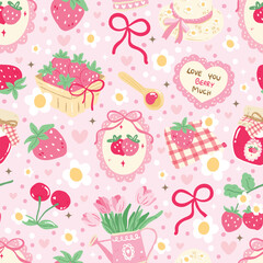 Berry Love Seamless Pattern | Cute Strawberry Bow Hat Tulip Jam Pink Cottagecore Background
