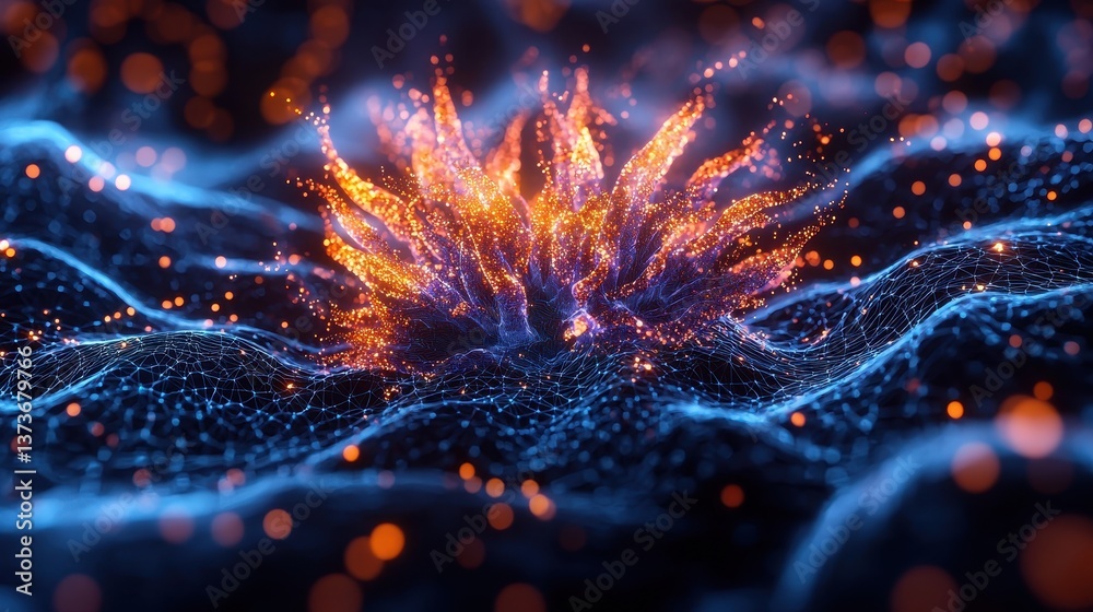 Poster detailed microbiological render of neurons in glo colors with vibrant dynamics and intricate pattern