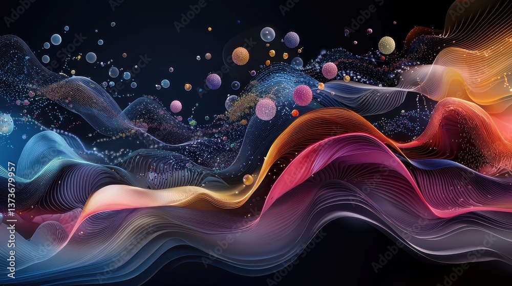 Poster colorful dynamic representation of probiotics with vibrant waves and floating elements in an abstrac