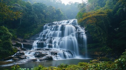 Naklejka premium Serene Waterfall Cascading Through Lush Greenery