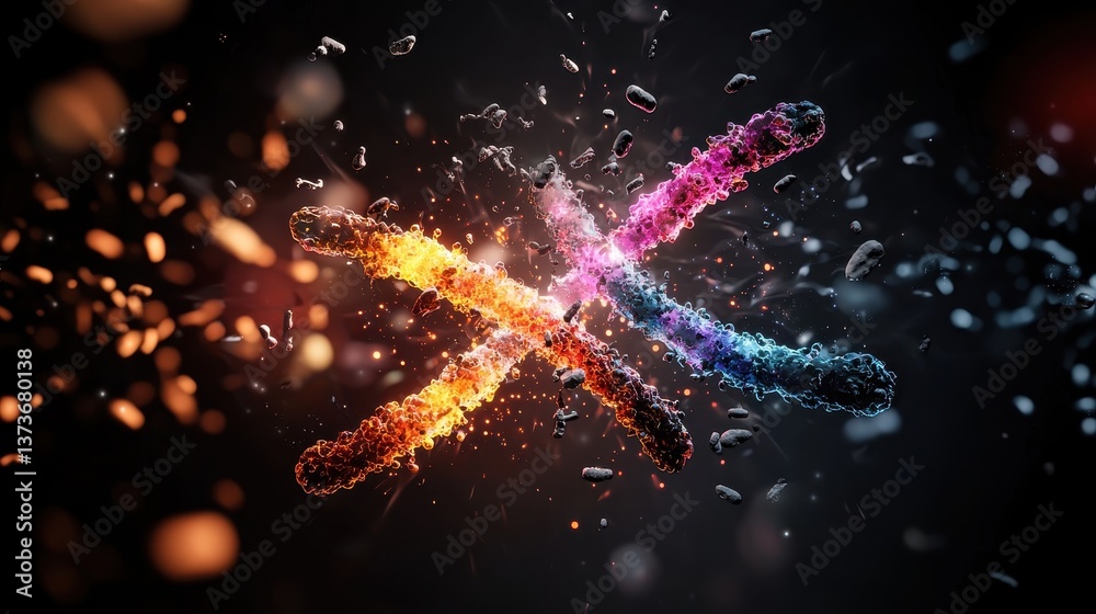 Poster Futuristic Representation of Chromosomes in Cellular Context with Vibrant Colors and Dynamic Visual Elements