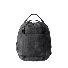 Fototapeta premium A gray textured backpack with black straps and a handle isolated on a transparent background in a studio