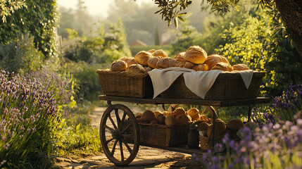 Bread-filled cart on a path surrounded by lavender flowers in a scenic, natural setting with soft light.