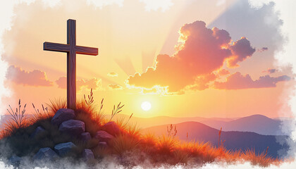 Obraz premium Sunlit cross on hill silhouette, spiritual calmness at dawn