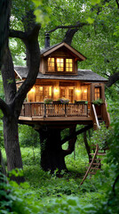 Naklejka premium Cozy treehouse nestled in lush greenery with warm lights glowing at dusk
