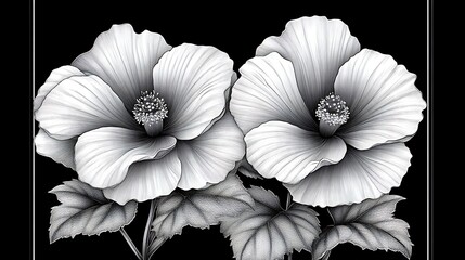 Fototapeta premium Two Delicate Monochrome Hibiscus Flowers With Leaves