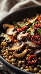 Fototapeta premium Green lentil salad with sauteed mushrooms and sun-dried tomatoes.
