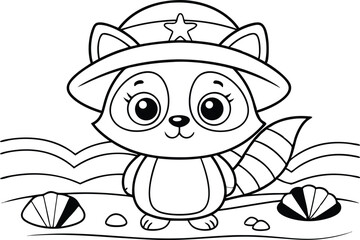 Cartoon Raccoon with Star Hat on Beach Outline Clipart in Transparent