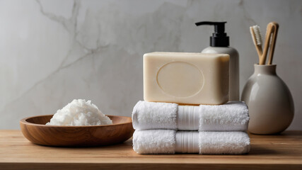 Elegant bathroom setup featuring natural soap, towels, and decor items on wooden countertop in a serene environment