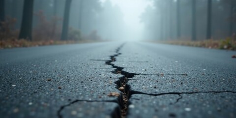 A long, cracked asphalt road disappears into a misty forest, a symbolic representation of uncertainty and the passage of time.