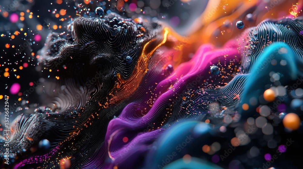Poster surreal render of neural networks with vibrant colors and dynamic textures in a dreamlike digital la