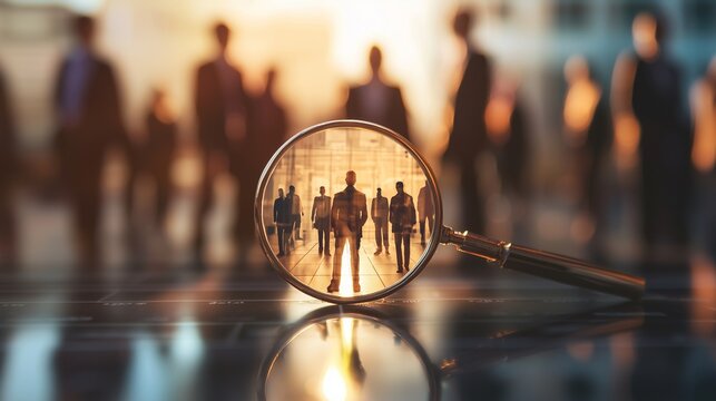 Magnifying glass focusing on people, symbolizing talent search in recruitment.