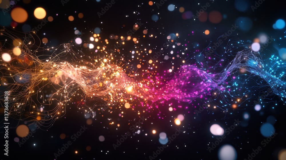 Poster elegant 3d rendering of neurons firing in complex patterns with colorful lights and dynamic motion e