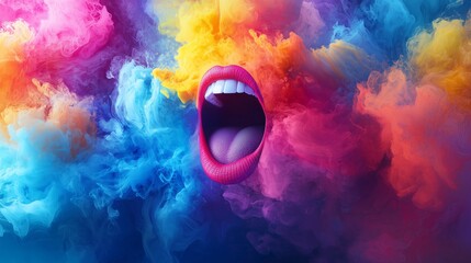 Vibrant mouth amidst colorful clouds symbolizes loud, expressive audience engagement.