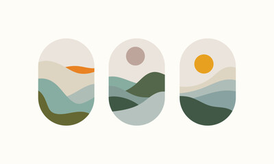 Minimal Mountain Silhouettes. A set of minimal mountain silhouettes with a soft sun glow, perfect for natural-themed branding, home decor, and digital art projects.