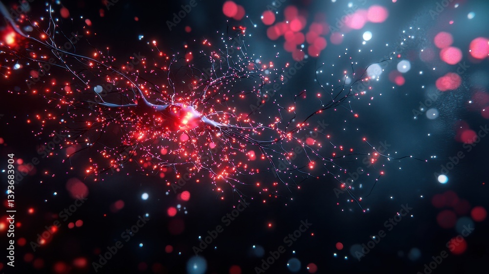 Poster immersive 3d visualization of interconnected neurons with dynamic particles and vivid colors