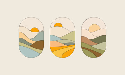 Sunset Over Layered Mountains. A harmonious landscape set featuring rolling hills and a glowing sun.