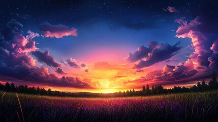 Idyllic Sunset Over Rural Fields with Dramatic Clouds and Golden Horizon in Serene Landscape