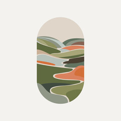 Flowing River Through Hills. A minimalistic landscape illustration featuring a winding river through rolling hills.