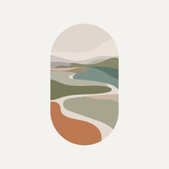 Flowing River Through Hills. A minimalistic landscape illustration featuring a winding river through rolling hills.