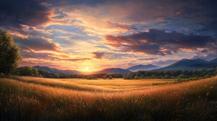 Obraz premium Vivid Sunset Landscape with Fiery Orange Skies and Burnt Horizons Over Lush Fields and Majestic Mountains