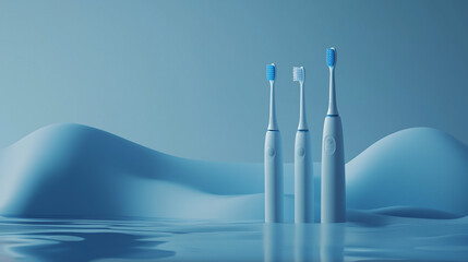 Against a calming blue background, the sleek electric toothbrush contrasts with the simplicity of its manual counterpart&mdash;both united in the pursuit of a brighter smile.
