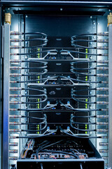 Close up of a data center and processing unit with cables and processors. Concept of hardware and...