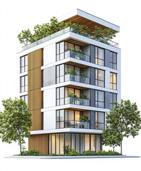 Obraz premium Modern condominium with rooftop garden and trees on white background